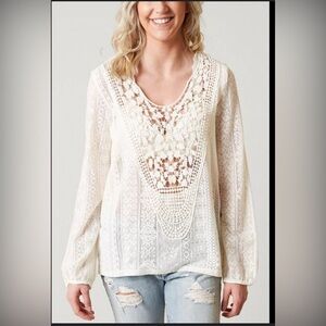Eyeshadow top shirt blouse Cream crochet lace long sleeve Sz L Very Open V Neck